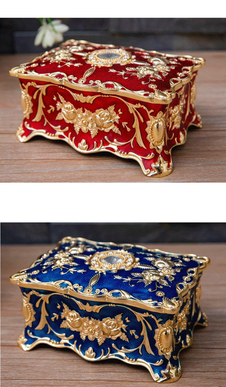 Vintage Rose Jewelry Packing Box New Zinc Alloy Household Desktop Storage Box Gold Blue Red Diamond Inlaid Metal Box