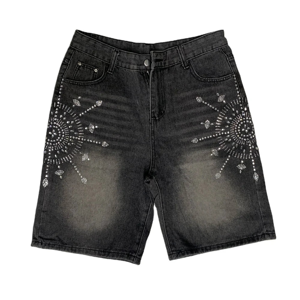 Ohsisa High Street Trendy Men's Denim Shorts  Heavyweight Denim Shorts Rhinestones Crystal Jorts Vintage Baggy for Men's Shorts