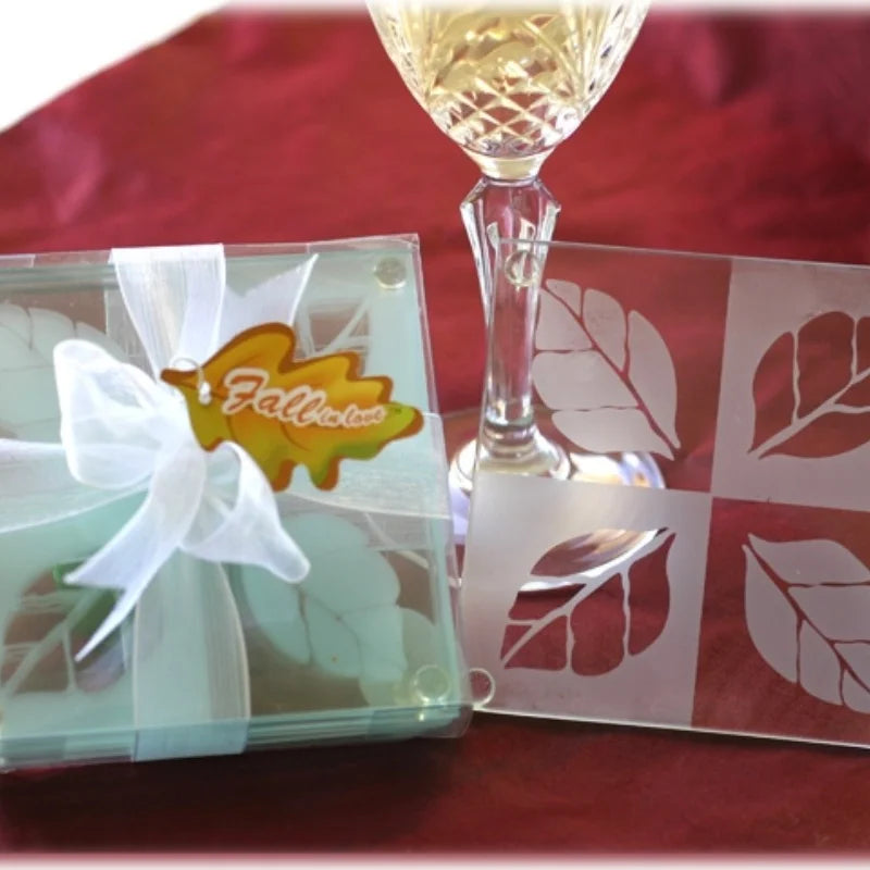 Wedding Gift Favor  Frosted Fall Leaf Glass Coaster Set (2pcs/set)