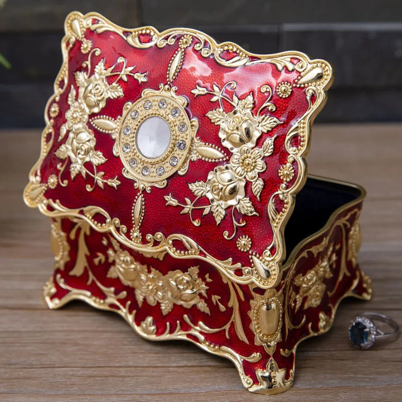 Vintage Rose Jewelry Packing Box New Zinc Alloy Household Desktop Storage Box Gold Blue Red Diamond Inlaid Metal Box