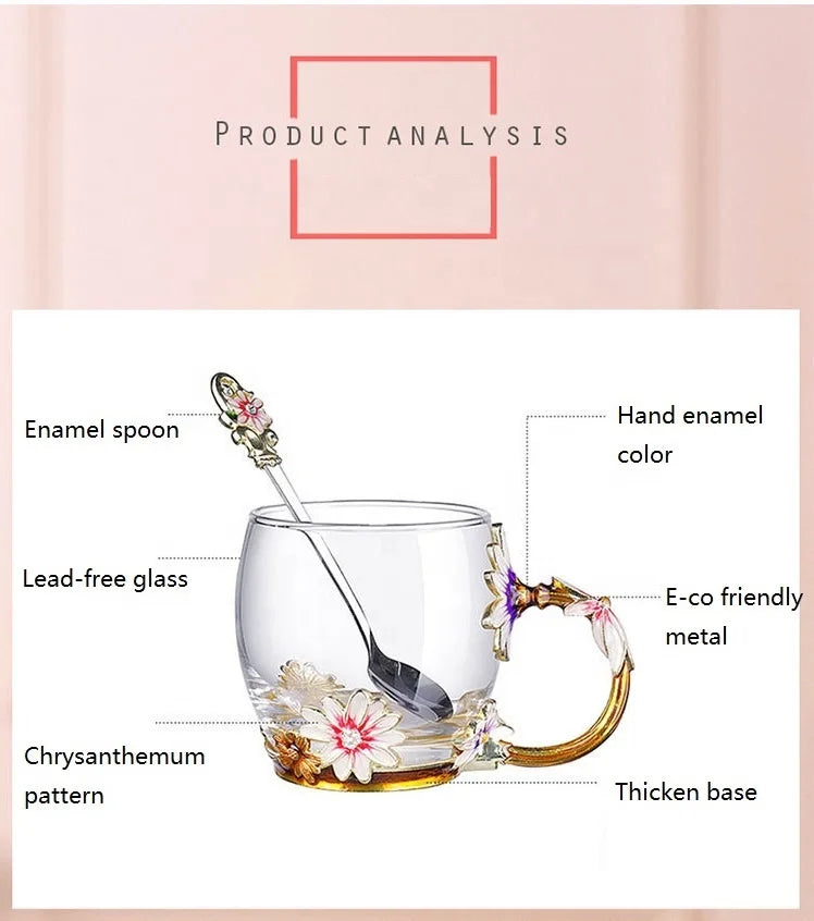 Creative Heat Resistant Crystal Glass Mug Enamel Glass Mug Flower Tea Set Coffee Cup Water Milk Coffee Drinkware Set for Gift