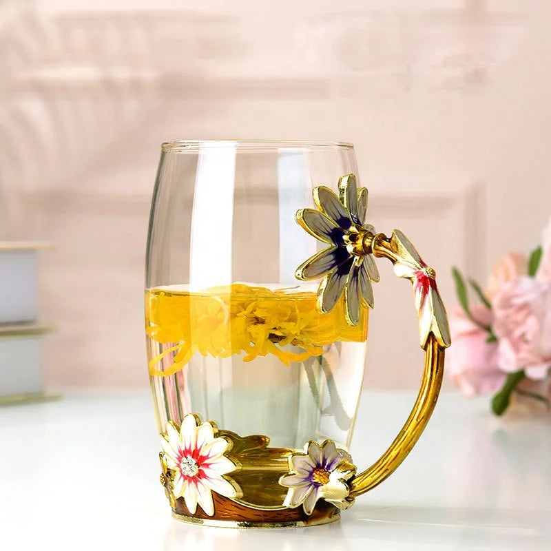 Creative Heat Resistant Crystal Glass Mug Enamel Glass Mug Flower Tea Set Coffee Cup Water Milk Coffee Drinkware Set for Gift