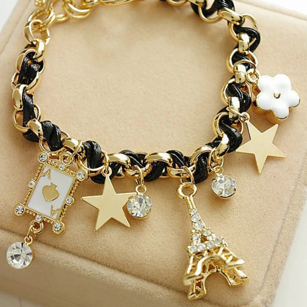 New Style Fancy Poker Charm Leather Bracelets & Bangles Jewelry Eiffel Tower Women Star Jewelry Low Price Korea Christmas Gifts