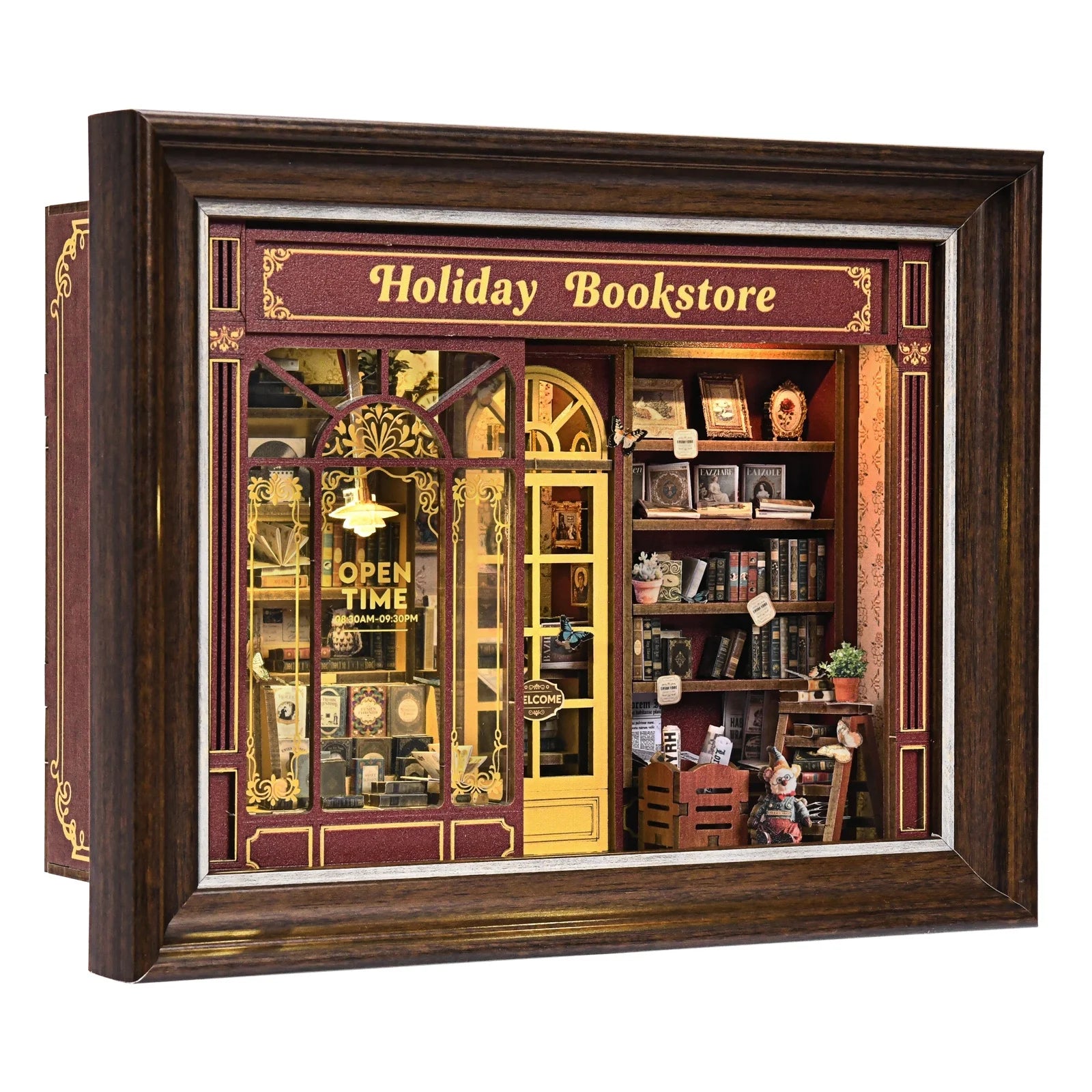 2025 New Mini Toy Style Street Corner Holiday Bookstore Photo Frame DIY Wooden Toy House with Bookshelf Decorative Collectibles