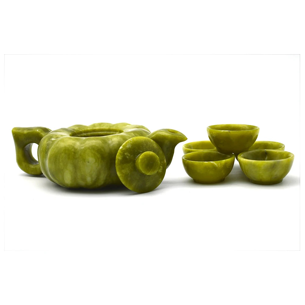 Chinese Traditional Handcraft Jade Teapot With 6 Cups and 1 Jade Plate Set Collectible Jade Teapots & Tea Sets