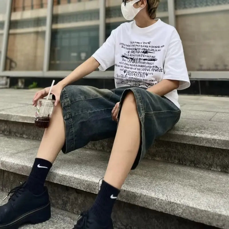 Custom High Quality Plus Size Men's Mid Waist Baggy Denim Shorts Vintage Washed Streetwear for Summer Casual Wide Leg Design