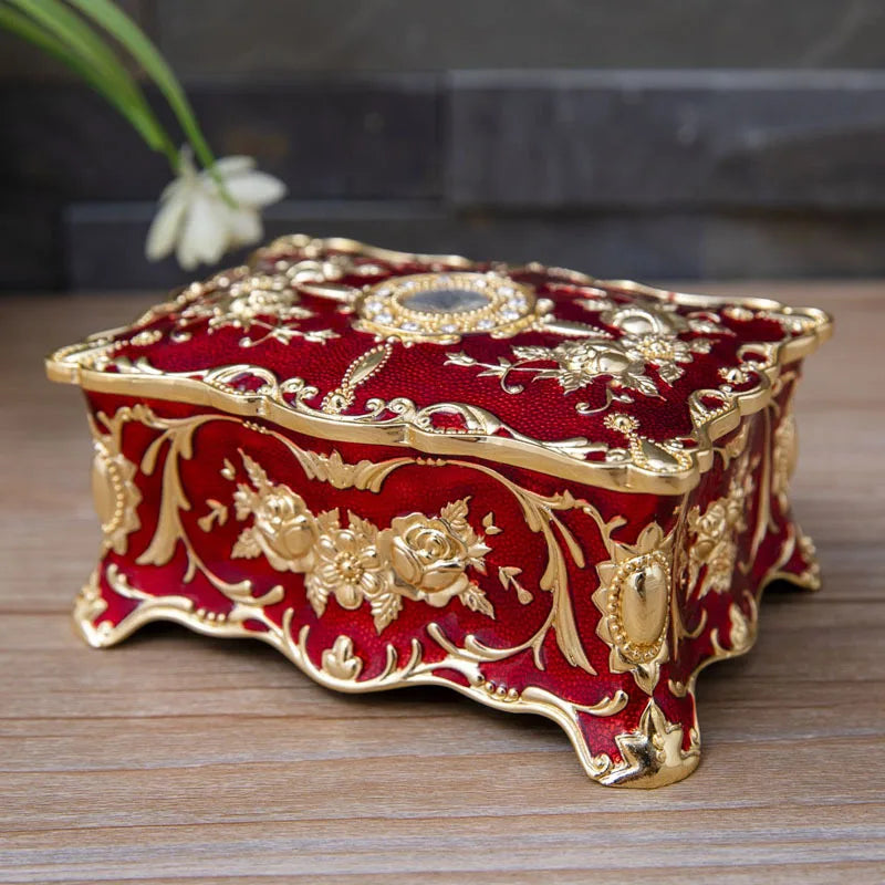 Vintage Rose Jewelry Packing Box New Zinc Alloy Household Desktop Storage Box Gold Blue Red Diamond Inlaid Metal Box