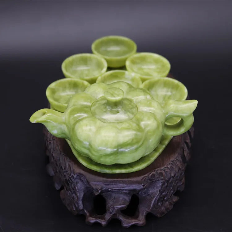 Chinese Traditional Handcraft Jade Teapot With 6 Cups and 1 Jade Plate Set Collectible Jade Teapots & Tea Sets