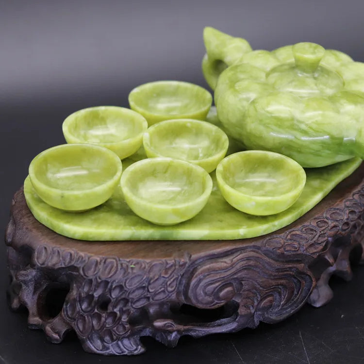 Chinese Traditional Handcraft Jade Teapot With 6 Cups and 1 Jade Plate Set Collectible Jade Teapots & Tea Sets