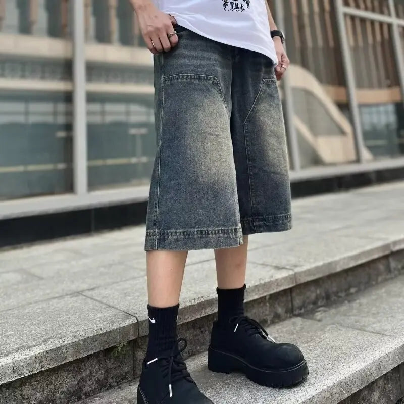Custom High Quality Plus Size Men's Mid Waist Baggy Denim Shorts Vintage Washed Streetwear for Summer Casual Wide Leg Design