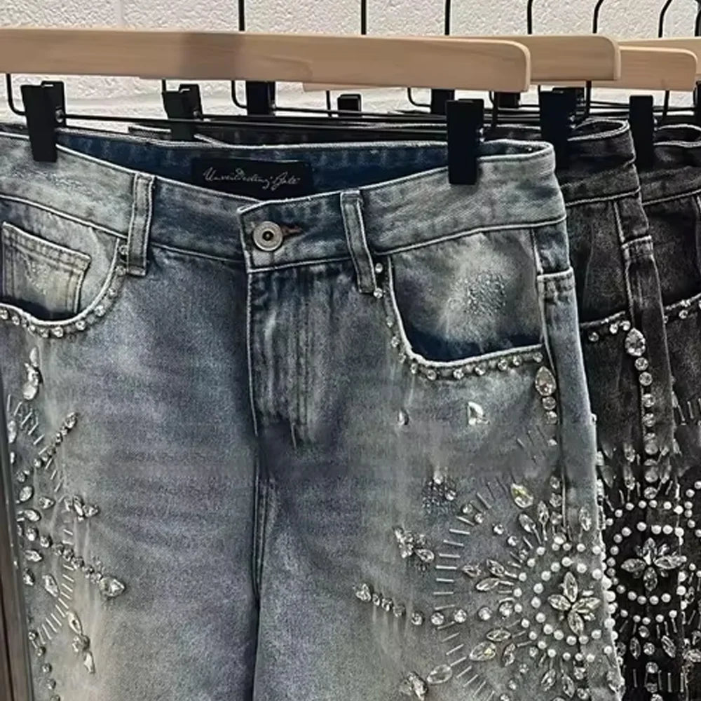 Ohsisa High Street Trendy Men's Denim Shorts  Heavyweight Denim Shorts Rhinestones Crystal Jorts Vintage Baggy for Men's Shorts