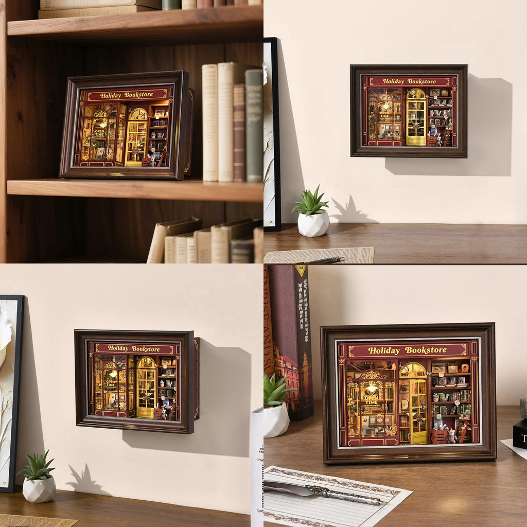 2025 New Mini Toy Style Street Corner Holiday Bookstore Photo Frame DIY Wooden Toy House with Bookshelf Decorative Collectibles