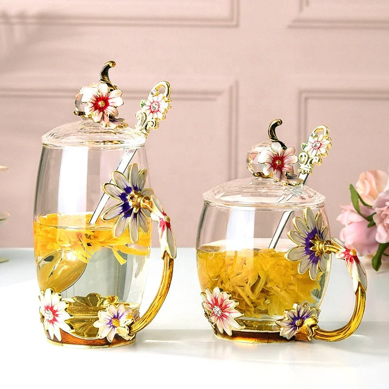 Creative Heat Resistant Crystal Glass Mug Enamel Glass Mug Flower Tea Set Coffee Cup Water Milk Coffee Drinkware Set for Gift