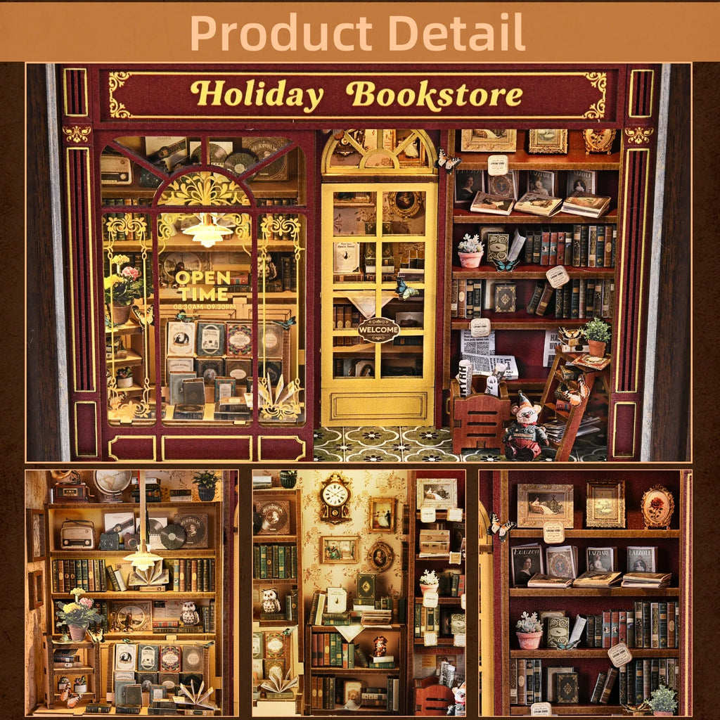 2025 New Mini Toy Style Street Corner Holiday Bookstore Photo Frame DIY Wooden Toy House with Bookshelf Decorative Collectibles