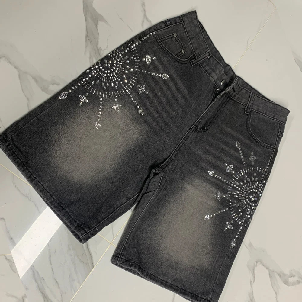 Ohsisa High Street Trendy Men's Denim Shorts  Heavyweight Denim Shorts Rhinestones Crystal Jorts Vintage Baggy for Men's Shorts