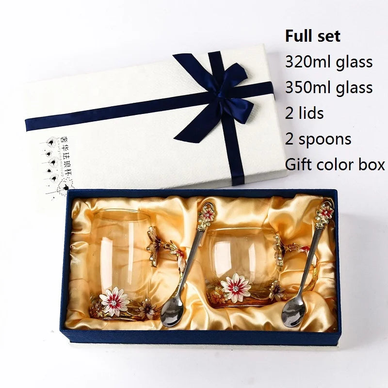 Creative Heat Resistant Crystal Glass Mug Enamel Glass Mug Flower Tea Set Coffee Cup Water Milk Coffee Drinkware Set for Gift