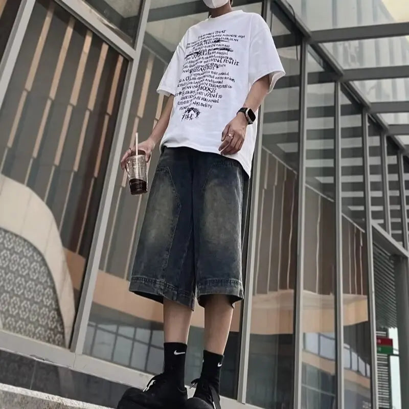 Custom High Quality Plus Size Men's Mid Waist Baggy Denim Shorts Vintage Washed Streetwear for Summer Casual Wide Leg Design