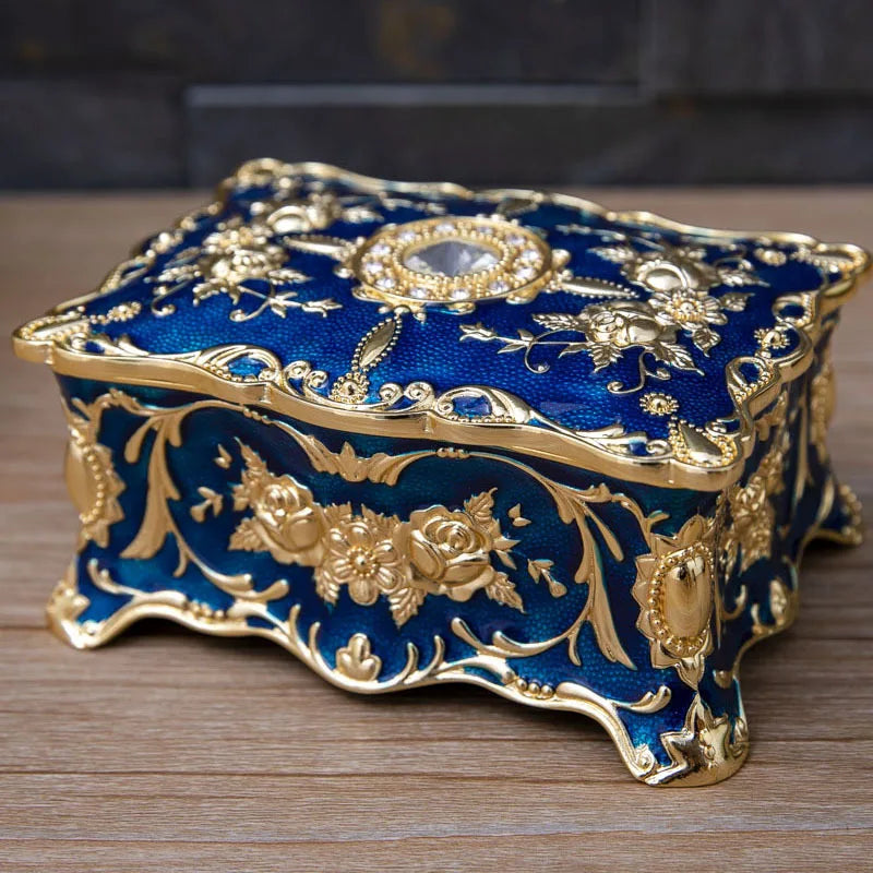 Vintage Rose Jewelry Packing Box New Zinc Alloy Household Desktop Storage Box Gold Blue Red Diamond Inlaid Metal Box
