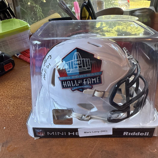 Marv Levy Signed Hall of Fame Mini Helmet Inscribed HOF 01 TSE COA Buffalo Bills