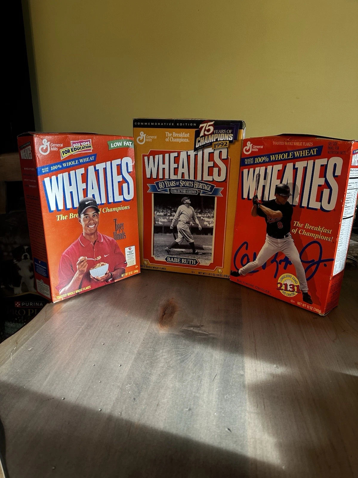 LOT of 3 Vintage Wheaties Cereal  BOXES Tiger Woods,Babe Ruth, Cal Ripken